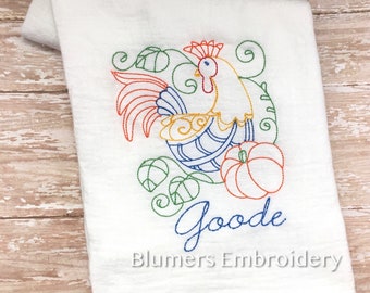 Monogrammed Fall Rooster Pumpkins Kitchen Dish Cloth Towel - Personalized Custom Flour Sack Tea Towel - Wedding Hostess Gift Monogram Farm