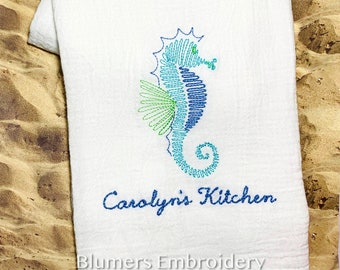 Monogrammed Sea Life Kitchen Dish Cloth Towel / Shell Crab Seahorse Pelican Beach House Decor Personalized Flour Sack Tea Towel Gift