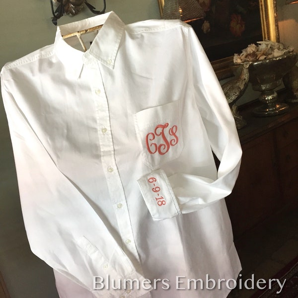 SALE! Brides Monogrammed Big Shirt with Custom Embroidered Pocket & Cuff; Ladies Bridesmaids Wedding Men's Oxford Button Down Big Shirt