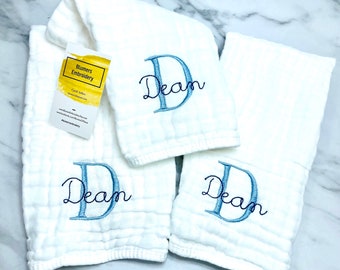 Monogrammed Muslin Burp Cloth Set of 3; Personalized Burp Cloth; Personalized Baby Shower Gift Embroidered Muslin Bib Burp Cloth Unisex Gift