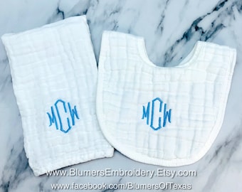 Monogrammed Muslin Burp Cloth & Baby Bib SET, Custom Personalized Infant Newborn Boy Girl Name Baby Shower Gift; Monogram Muslin Bib Burp