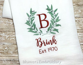 Personalized Laurel Herb Wreath Initial Kitchen Dish Cloth Towel; Monogrammed Custom Embroidered Flour Sack Tea Towel, Wedding Hostess Gift