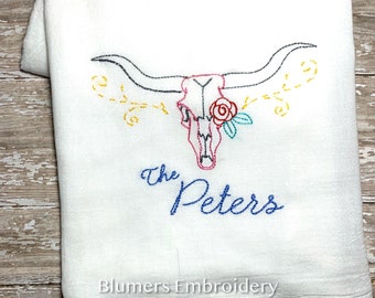 Western Longhorn Personalized Cow Skull Kitchen Dish Cloth Towel - Monogrammed Custom Flour Sack Towel - Texas Wedding Hostess Gift Monogram