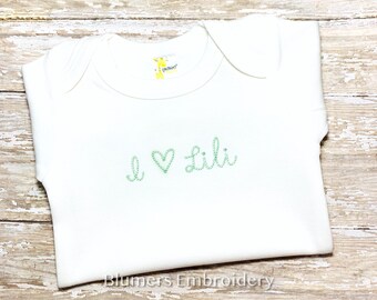 Personalized Baby Gift; Chain Stitch Sketch Font Monogrammed Gown/Bodysuit/T Shirt/Burp/Bib; Baby Shower Gift Custom Embroidered Heart Name