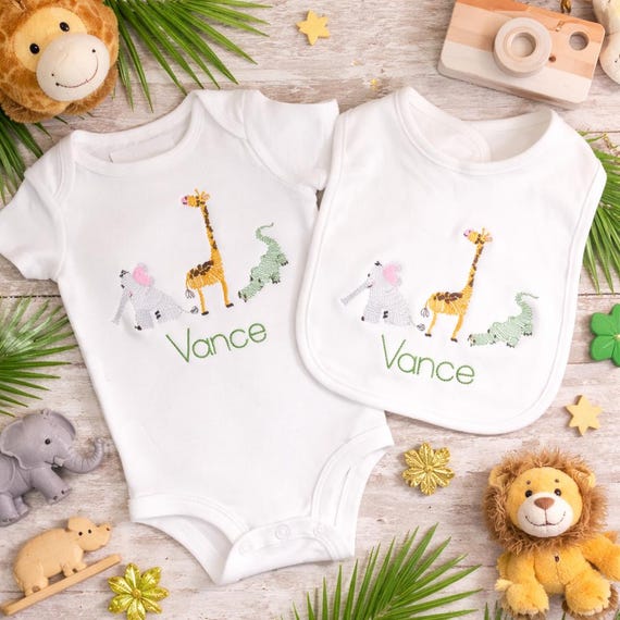 Personalized Jungle Zoo Bodysuit Embroidered Animals T Shirt Burp Cloth Bib Boys Girl Babies Monogrammed Lion Tiger Alligator Giraffe Zebra