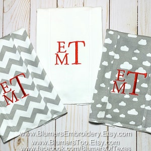 Monogrammed Burp Cloth Se; Baby Bib Gift Set Custom Personalized Newborn Gift Sketch Monogram Burp Cloths Stars Clouds Baby Shower Gift
