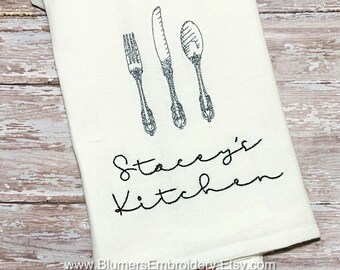 Personalized Embroidered Bar Kitchen Utensils Fork Spoon Knife Dish Cloth Towel, Monogrammed Silverware Hostess Gift Wedding Gift Monogram