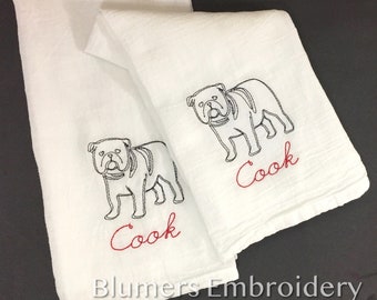 Monogrammed Bulldog Kitchen Dish Cloth Towel - Personalized Custom Pet Dog Flour Sack Tea Towel - Wedding Shower Hostess Gift Monogram Chef