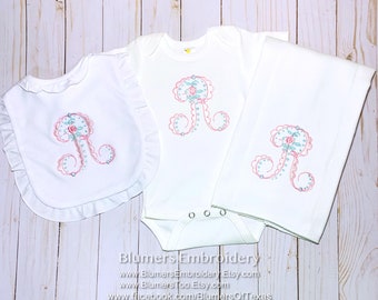 Personalized Girls Flower Font Initial Monogrammed Bodysuit/T Shirt/Bib/Burp; Baby Shower Gift Custom Sketch Embroidered Baby Girl Rose