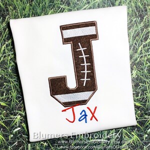 Football Initial Applique Monogrammed Bodysuit or T Shirt, Sports Embroidered Personalized Custom Boys College Pro Team Baseball Soccer Gift image 5