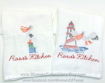 Pelican Lighthouse Personalized Sea Life Kitchen Dish Cloth Towel; Beach House Decor Gift Monogrammed Flour Sack Tea Towel Ocean Shore Fish