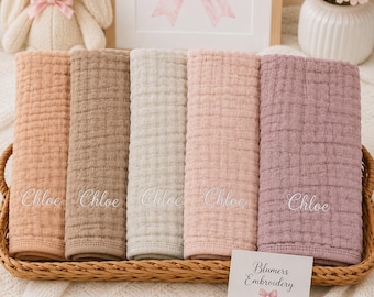 Monogrammed Colored Muslin Burp Cloth SET of 5; Baby Girls & Boys Personalized Embroidered Burp Cloths Newborn Baby Shower Gift