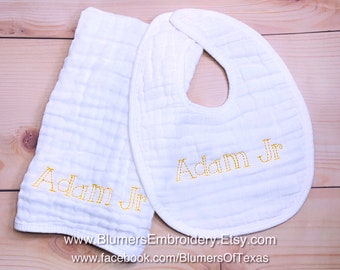 Monogrammed Muslin Burp Cloth & Baby Bib SET, Custom Personalized Infant Newborn Boy Girl Name Baby Shower Gift; Monogram Muslin Bib Burp