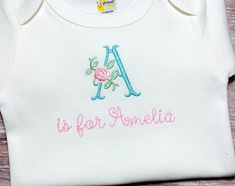Personalized Girls Flower Font Monogrammed Bodysuit/T Shirt/Bib/Burp; Baby Shower Gift Custom Sketch Embroidered Girly Rose Flowers Name