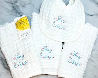SET Monogrammed Muslin Burp Cloths Bibs; Personalized Burp Cloths; Personalized Baby Girl Shower Gift Embroidered Muslin Bib Burp Cloth Gift
