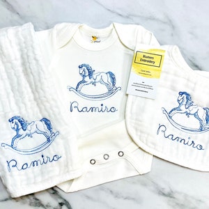 Rocking Horse Personalized Embroidered Gown Bodysuit Burp Cloth Bib For Baby Boy or Girl Custom Monogram Infant Name Baby Shower Gift