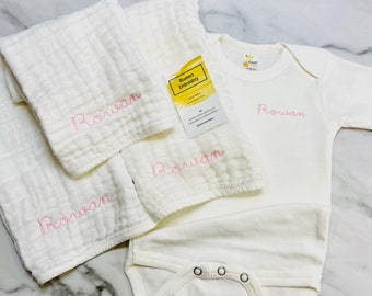 Personalized Embroidered Baby Outfit; Muslin Bib, Burp Cloth; Custom Newborn Baby Shower Gift Set; Baby Bodysuit Muslin Burp Cloth Bib SET