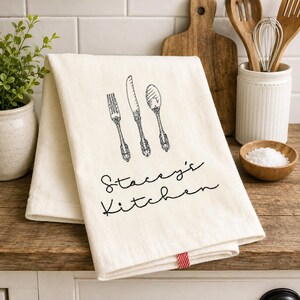 Personalized Embroidered Bar Kitchen Utensils Dish Towel Fork Spoon Knife Tea Towel Monogrammed Silverware Hostess Wedding Gift