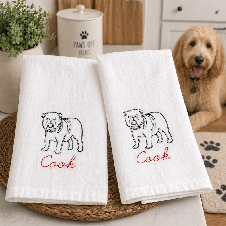 Personalized Embroidered Bulldog Flour Sack Dish Towel Monogrammed Kitchen Dog Gift Custom Pet Flour Sack Tea Towel Hostess Gift Bulldog Gift