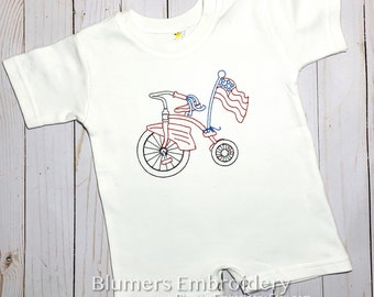 Flag 4th of July Patriotic Bicycle Personalized Bodysuit, T Shirt, Romper Girls Boys Bike Monogrammed Custom Embroidered 4th July Flag Bike