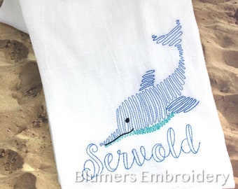 Embroidered Monogrammed Coastal Kitchen Dish Cloth Towel Sea Whale Fish Seahorse Dolphin Beach House Decor Personalized Flour Sack Gift
