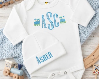 Monogrammed Embroidered Baby Coming Home Outfit Baby Boy Gift Personalized Train Infant Gown or Bodysuit Bring Baby Home Newborn Boy Gift