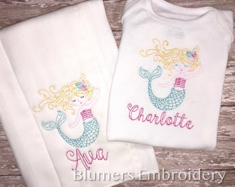 Mermaid Baby Outfit Bodysuit, T Shirt, Bib, Burp Cloth; Monogrammed Baby Infant Monogram Personalized Embroidered Vintage Sketch Sea Fish