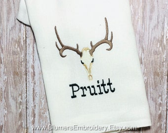 Deer Antlers Scull Monogrammed Dish Towel, Personalized Kitchen Bamboo Cloth; Hunter Hostess Hunting Camp Gift Monogram Kitchen Gift Towel