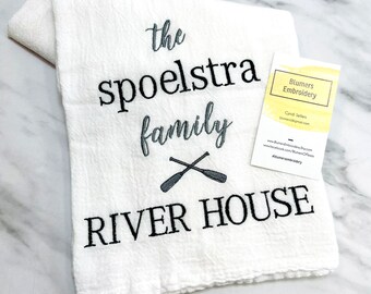 Personalized River House Embroidered Kitchen Vintage Look Dish Cloth Towel Monogrammed Flour Sack Tea Towel; Lake Beach Wedding Hostess Gift