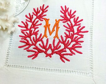 Coral Monogrammed Linen Cocktail Napkins / Personalized Embroidered Nautical Napkins; Hostess Gift; Wedding Gift; Monogrammed Table Linens