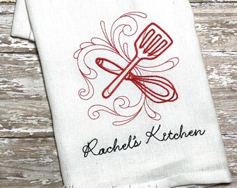 Personalized Kitchen Spatula Whisk Dish Cloth Towel; Monogrammed Custom Embroidered Flour Sack Tea Towel; Wedding Hostess Monogram Gift