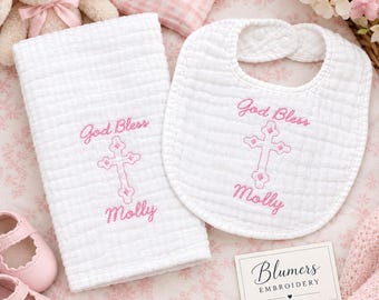Personalized Embroidered Baptism Burp Cloth Bib Monogrammed Cross Christening Muslin Bib Burp Cloth Newborn Baby Shower Faith Gift