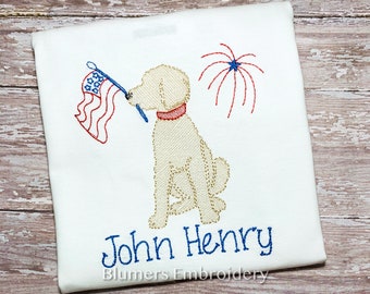 4th July Patriotic Dog Monogrammed Bodysuit, T Shirt, Romper Girls Boys Labradoodle Pup Monogram Personalized Custom Embroidered Fourth Flag