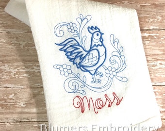 Monogrammed Rooster Kitchen Dish Cloth Towel / Personalized Custom Flour Sack Tea Towel Wedding Shower Gift Monogram Hen Farm Bird Birdhouse