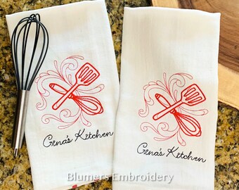 Personalized Kitchen Spatula Whisk Vintage Dish Cloth Towel; Monogrammed Embroidered Flour Sack Tea Towel; Wedding Hostess Monogram Gift