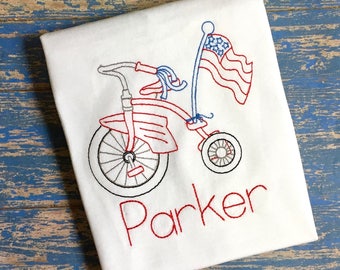 4th of July Flag Patriotic Bicycle T Shirt/Bodysuit/Romper; Personalized Bike Monogram Monogrammed Custom Embroidered Tricycle; 4th Shirt