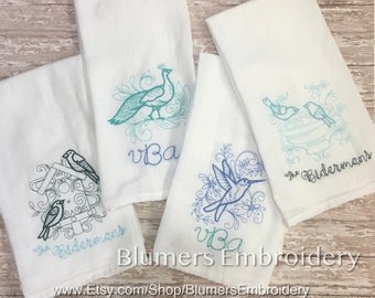 Personalized Birds Dish Cloth Towel / Monogrammed Custom Kitchen Flour Sack Tea Towel Wedding Shower Gift Monogram Hen Rooster Birdhouse