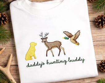 Personalized Hunting Dog Deer & Duck Wildlife Trio Monogrammed Sketch Embroidered T Shirt Bodysuit Hunter Fall Boys Daddy's Buddy Monogram