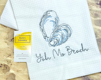 Personalized Embroidered Oyster Shell Kitchen Dish Cloth Towel, Coastal Beach Nautical Bar Hostess Seashell Waffle Flour Sack Monogram Gift