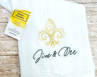 Personalized Embroidered Fleur De Lis Kitchen Dish Cloth Towel; Monogrammed Custom Flour Sack Towel, Wedding Hostess New Orleans Saints Gift