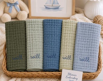 Monogrammed Colored Muslin Burp Cloth SET of 5; Baby Girls & Boys Personalized Embroidered Burp Cloths Newborn Baby Shower Gift