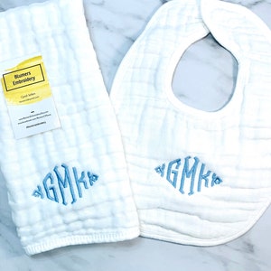 Monogrammed Muslin Burp Cloth & Baby Bib SET Custom Personalized Infant Newborn Boy Girl Name Baby Shower Gift Monogram Muslin Bib Burp Gift