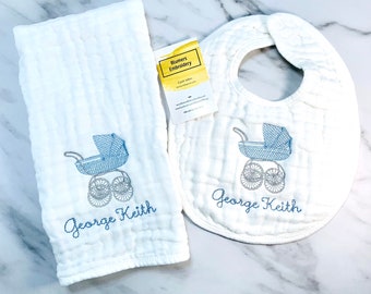 Personalized Embroidered Baby Carriage Baby Outfit, Muslin Bibs, Burp Cloths & Sets Monogrammed Sketch Stitch Baby Shower Gift Stroller Pram