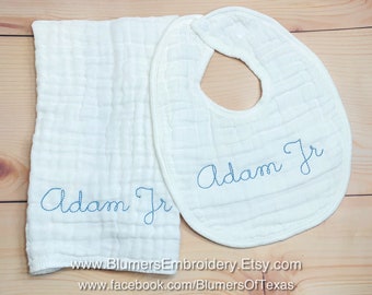 Monogrammed Muslin Burp Cloth & Baby Bib SET, Custom Personalized Infant Newborn Boy Girl Name Baby Shower Gift; Monogram Muslin Bib Burp