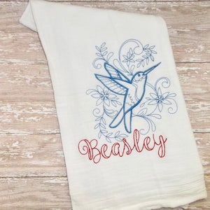 Monogrammed Birds Kitchen Dish Cloth Towel / Personalized Custom Flour Sack Tea Towel Wedding Shower Gift Monogram Hummingbird Birdhouse
