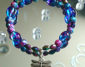 Dragonfly Pond Purple and Blue Beaded Charm Bracelet Corinne's Curiosity