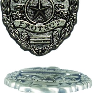 May include: A silver-toned metal cabinet knob with a raised design of a police badge. The badge features the words "Police Serve Protect" and a star in the center.