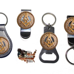 Freemasons Square and Compass Masons Concho and Leather Keychain, Bottle Opener, or Money Clip