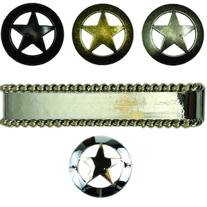 May include: Three metal drawer pulls with a five-pointed star design. The pulls are in black, gold, and silver finishes. The center pull is a rectangular plate with a rope-like border.
