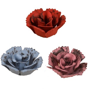 A dozen hand painted small bi-color tin roses in powder blue, pink, and red image 1